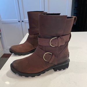 SOREL LENNOX MOTO Boots COZY Waterproof Shoes Brown leather size 7.5